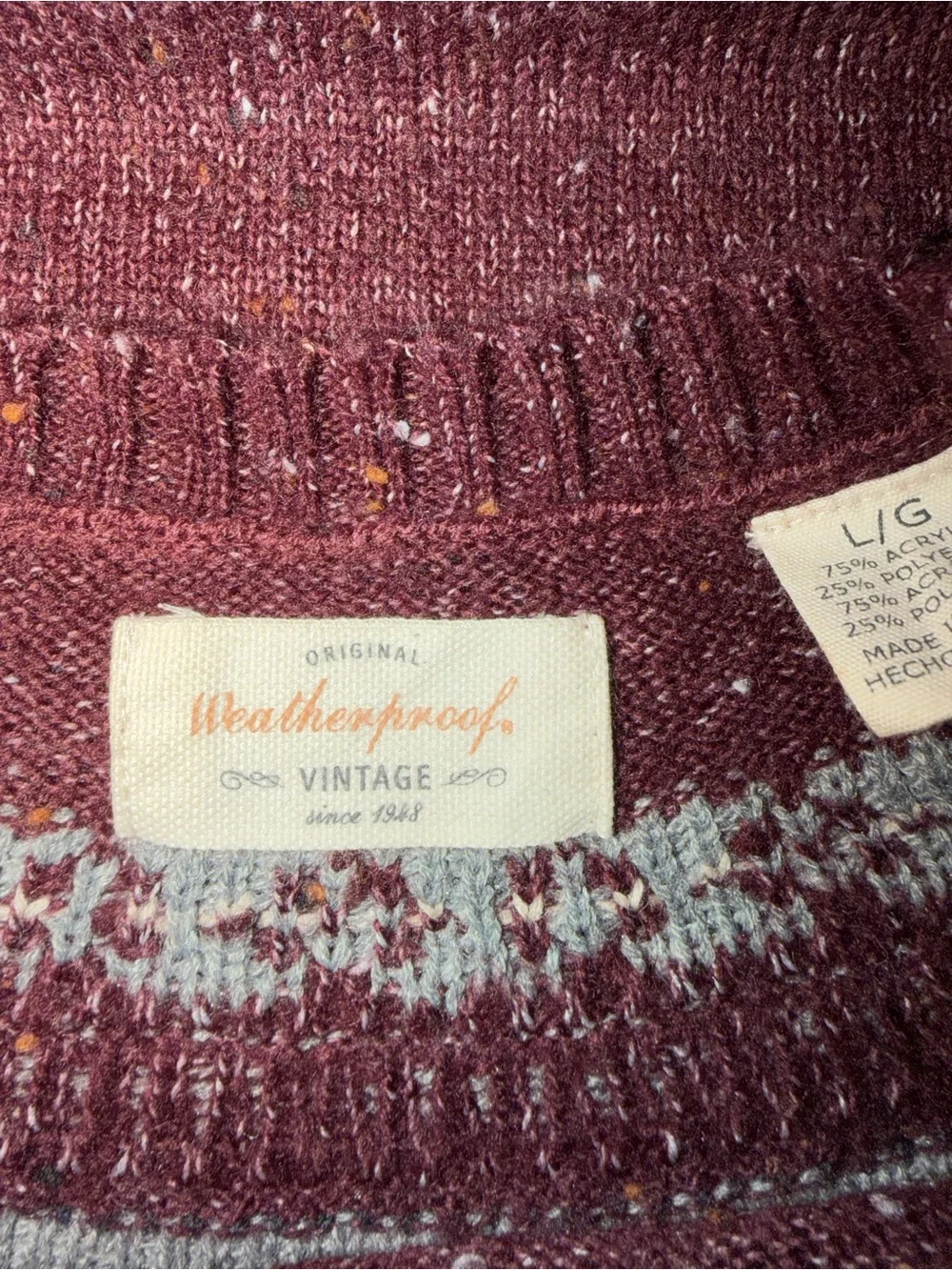 Weatherproof Vintage Men’s Fair Isle Crewneck Sweater Size L Burgundy Gray
